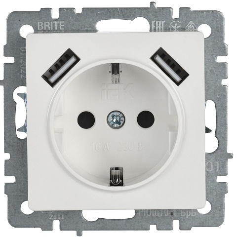 IEK BRITE Роз. с з/к/ш 16А с USB A+A 2,1А РЮш10-1-БрБ бел.